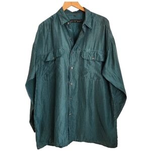 Vintage Basic Elements Men's Green Button-Up Silk Long Sleeve Shirt  Sz L Unisex